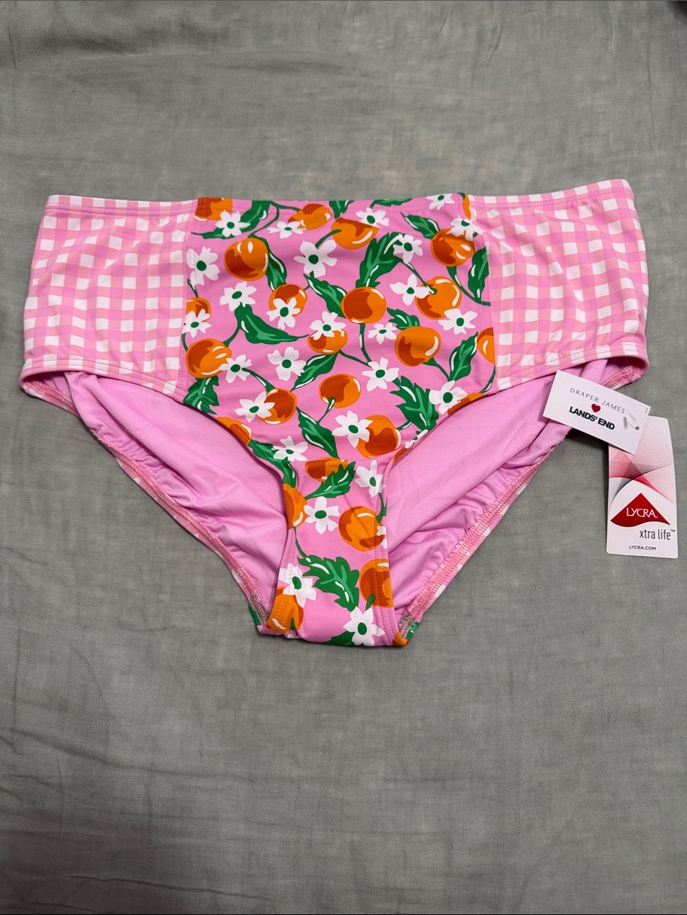 NWT Lands Ends x Draper James Pink Gingham/Orange Midrise Bikini Bottoms Size 16